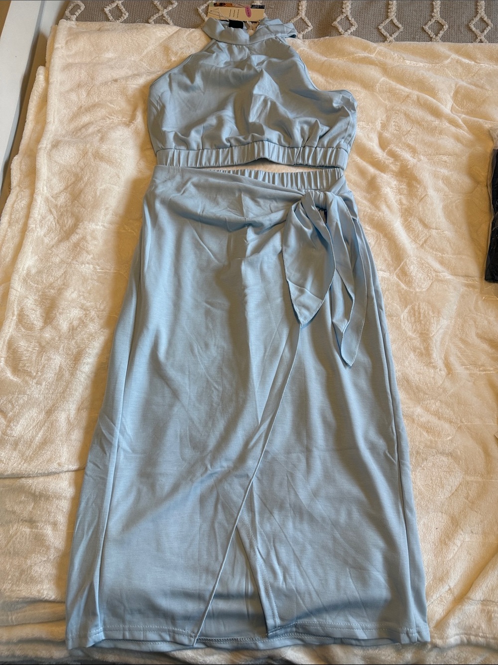 DOKOTOO 2pc Midi set with Waist Tie - Light Blue